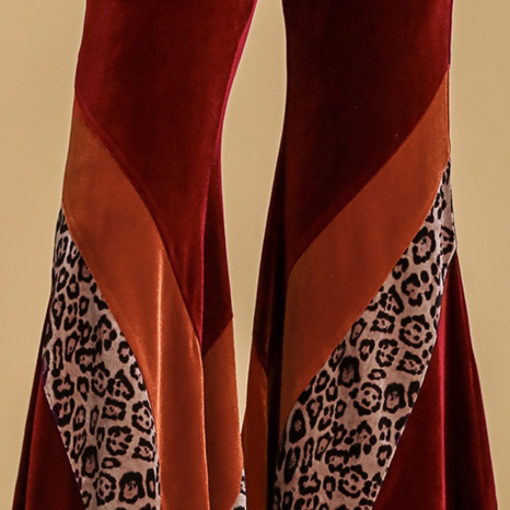 Umgee Red and Rust Velvet Boot Cut Pants with Leopard Panels